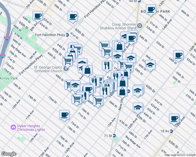 map of restaurants, bars, coffee shops, grocery stores, and more near 1313 65th Street in Brooklyn