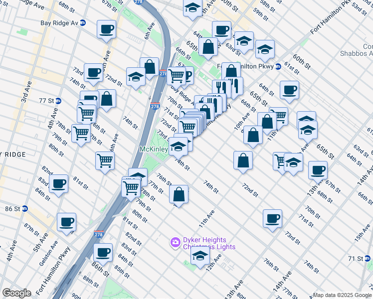 map of restaurants, bars, coffee shops, grocery stores, and more near 7301 Fort Hamilton Parkway in Brooklyn