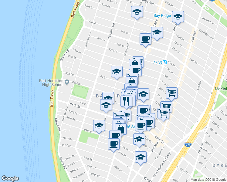 map of restaurants, bars, coffee shops, grocery stores, and more near Ridge Boulevard in Brooklyn
