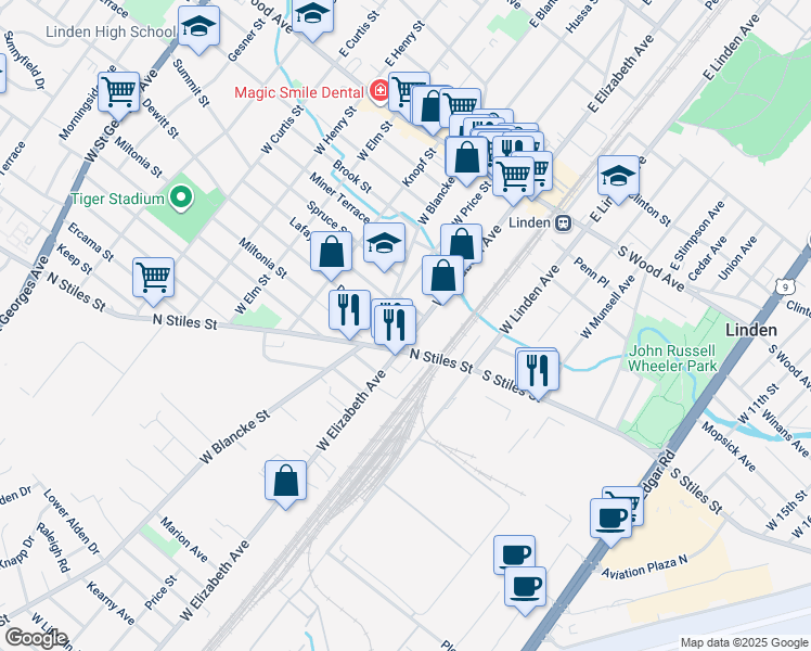 map of restaurants, bars, coffee shops, grocery stores, and more near 5 North Stiles Street in Linden