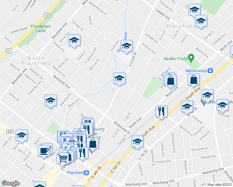map of restaurants, bars, coffee shops, grocery stores, and more near 542 East Front Street in Plainfield