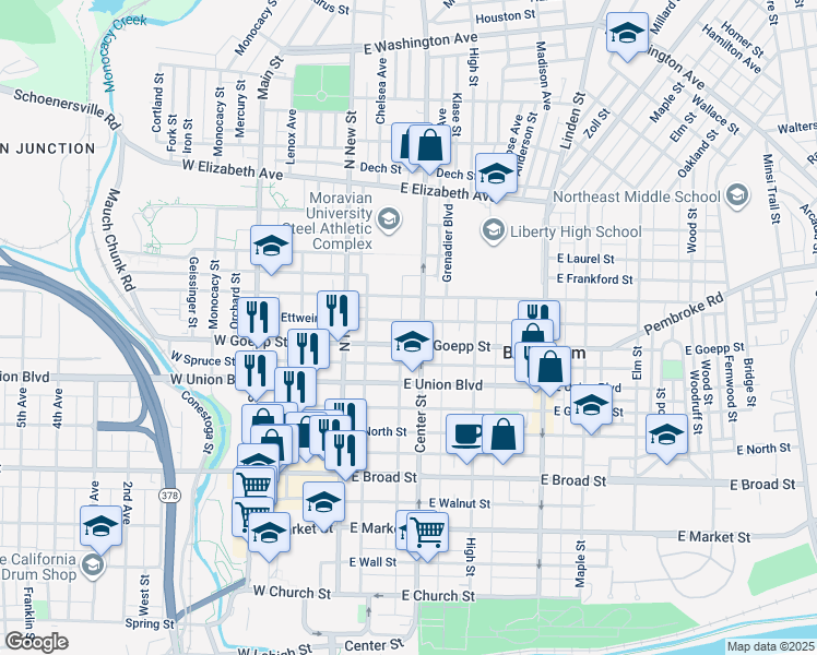 map of restaurants, bars, coffee shops, grocery stores, and more near 46 East Goepp Street in Bethlehem