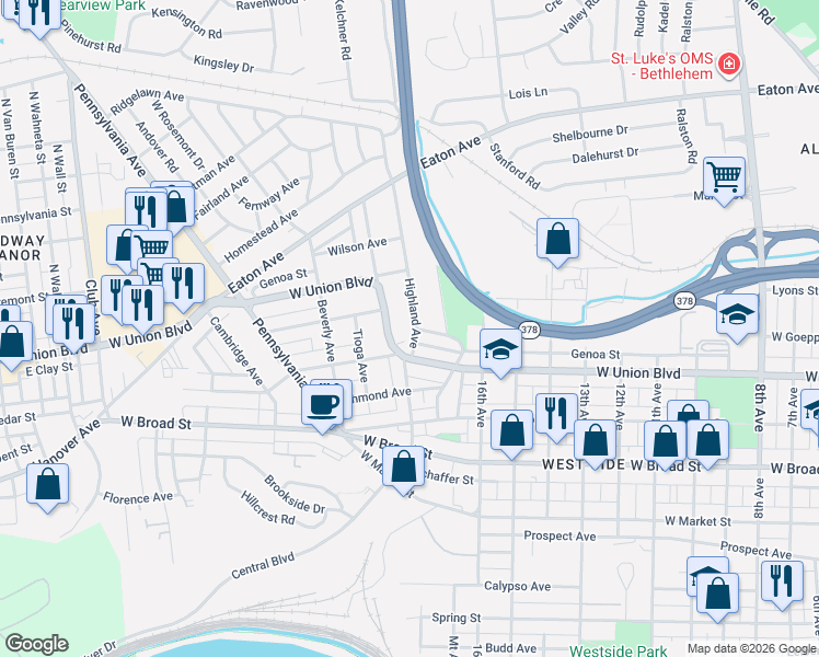 map of restaurants, bars, coffee shops, grocery stores, and more near 1756 West Union Boulevard in Bethlehem