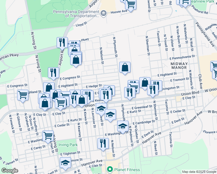 map of restaurants, bars, coffee shops, grocery stores, and more near 1401 East Livingston Street in Allentown