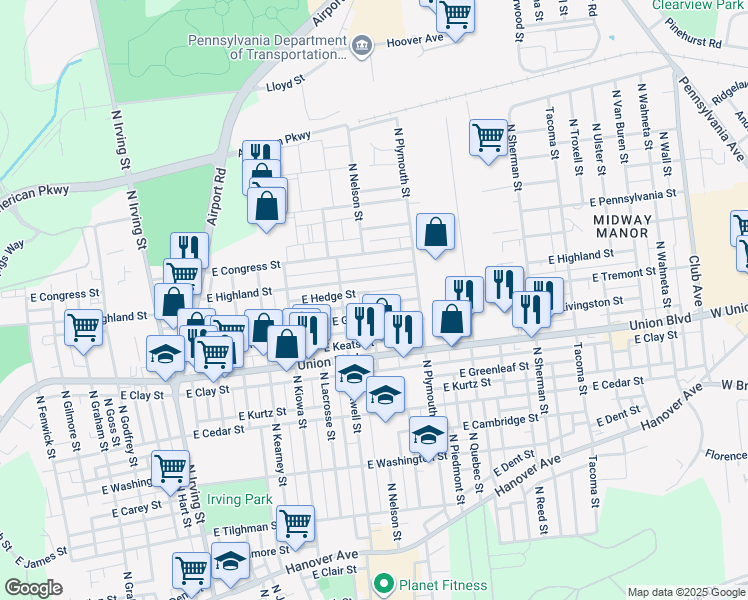 map of restaurants, bars, coffee shops, grocery stores, and more near 1401 East Livingston Street in Allentown