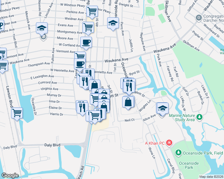 map of restaurants, bars, coffee shops, grocery stores, and more near 3 Mott Street in Oceanside