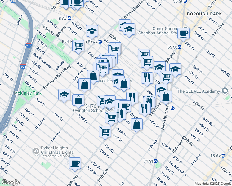 map of restaurants, bars, coffee shops, grocery stores, and more near 12th Ave & 66th St in Brooklyn