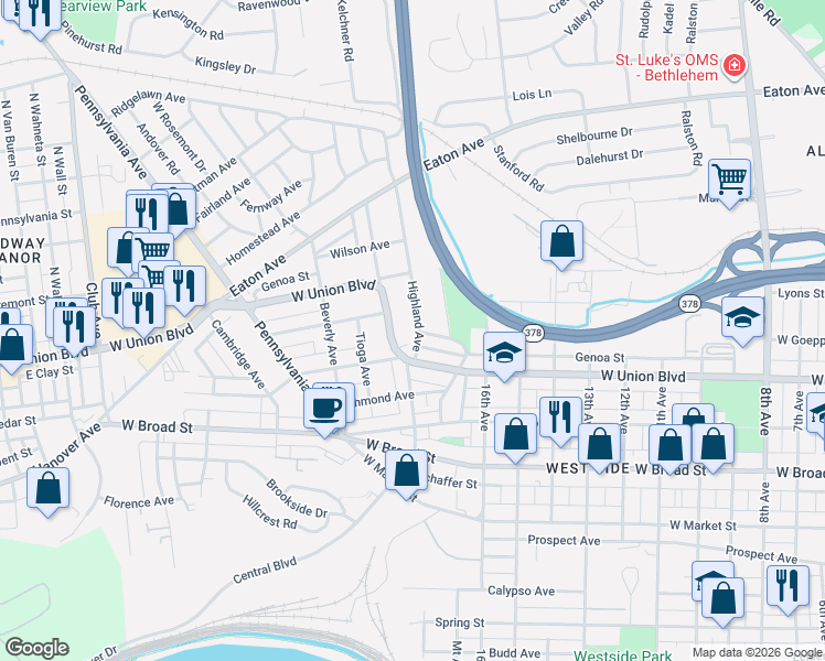 map of restaurants, bars, coffee shops, grocery stores, and more near 1756 West Union Boulevard in Bethlehem