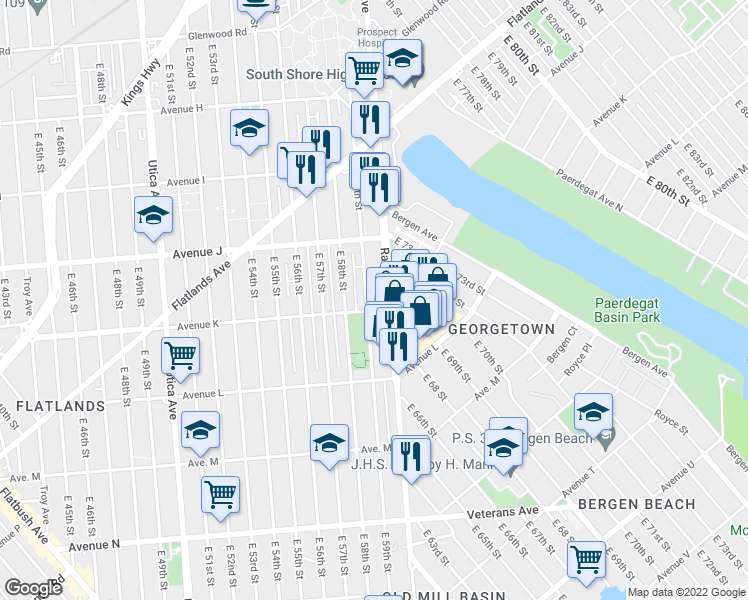 map of restaurants, bars, coffee shops, grocery stores, and more near 1081 East 59th Street in Brooklyn