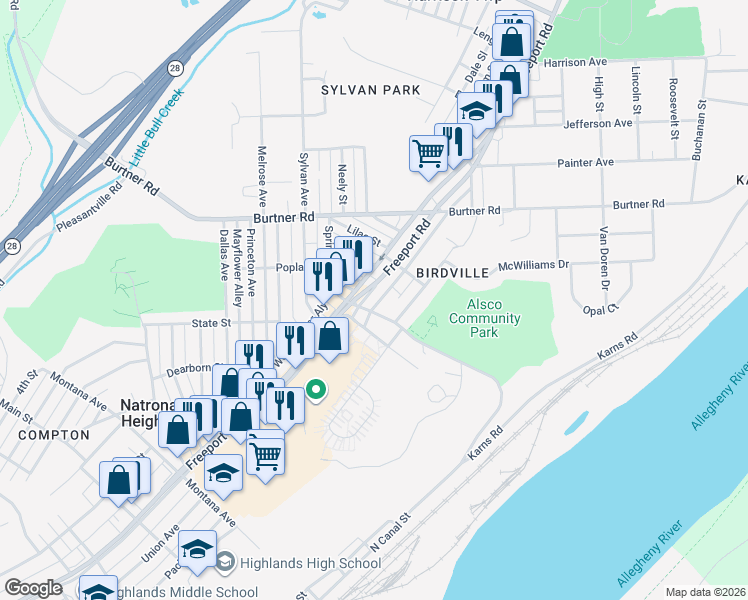 map of restaurants, bars, coffee shops, grocery stores, and more near 1 Municipal Drive in Natrona Heights