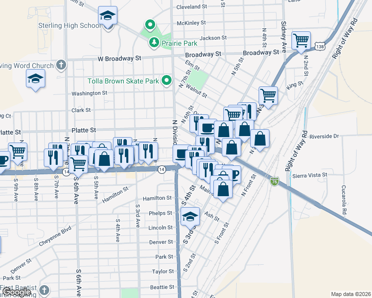 map of restaurants, bars, coffee shops, grocery stores, and more near 425 Poplar Street in Sterling