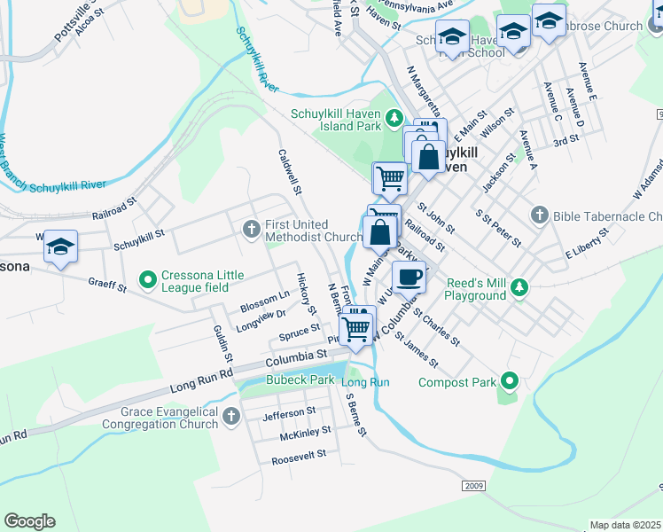 map of restaurants, bars, coffee shops, grocery stores, and more near 208 North Berne Street in Schuylkill Haven