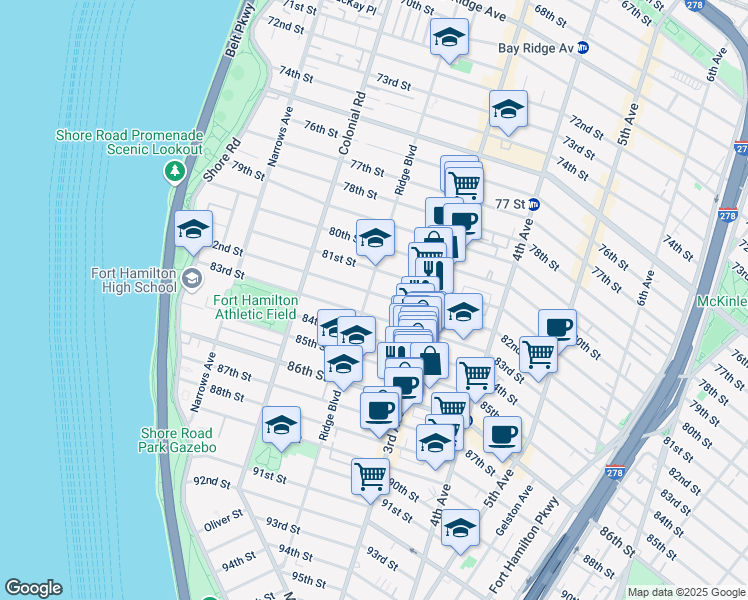 map of restaurants, bars, coffee shops, grocery stores, and more near 208 82nd Street in Brooklyn