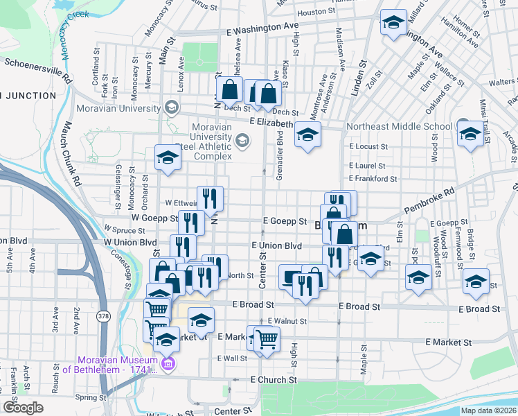map of restaurants, bars, coffee shops, grocery stores, and more near 840 Center Street in Bethlehem