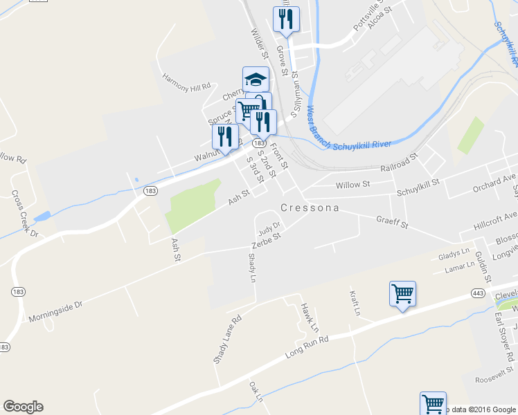 map of restaurants, bars, coffee shops, grocery stores, and more near 19 Marsha Drive in Cressona