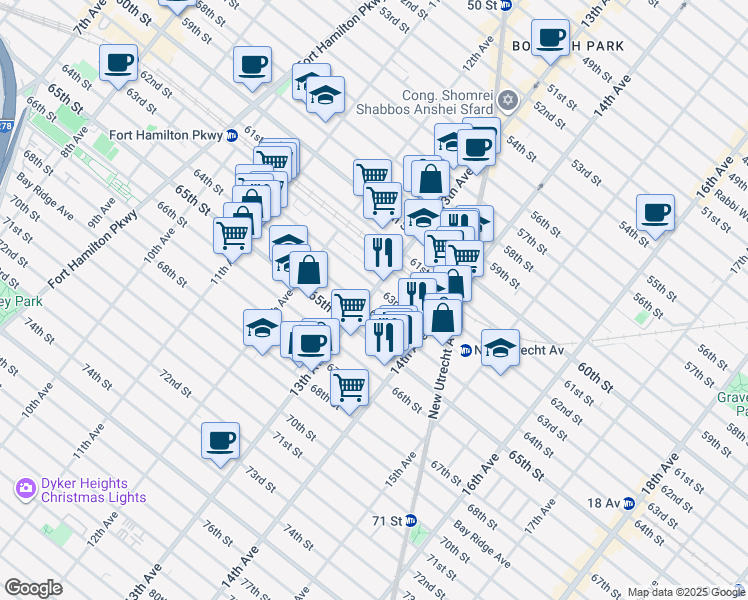 map of restaurants, bars, coffee shops, grocery stores, and more near 1261 63rd Street in Brooklyn