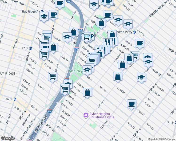 map of restaurants, bars, coffee shops, grocery stores, and more near Fort Hamilton Pkwy & 73rd St in Brooklyn