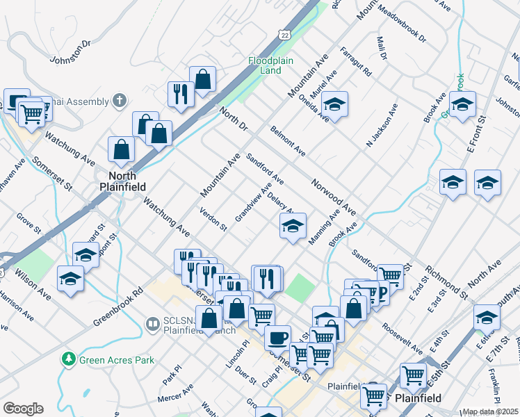 map of restaurants, bars, coffee shops, grocery stores, and more near 140 Westervelt Avenue in North Plainfield