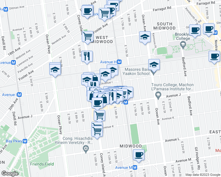 map of restaurants, bars, coffee shops, grocery stores, and more near 1307 Avenue I in Brooklyn