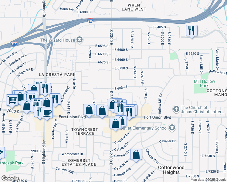 map of restaurants, bars, coffee shops, grocery stores, and more near 6851 South 2300 East in Salt Lake City