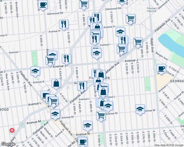 map of restaurants, bars, coffee shops, grocery stores, and more near 1376 East 49th Street in Brooklyn