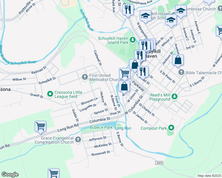 map of restaurants, bars, coffee shops, grocery stores, and more near 208 North Berne Street in Schuylkill Haven