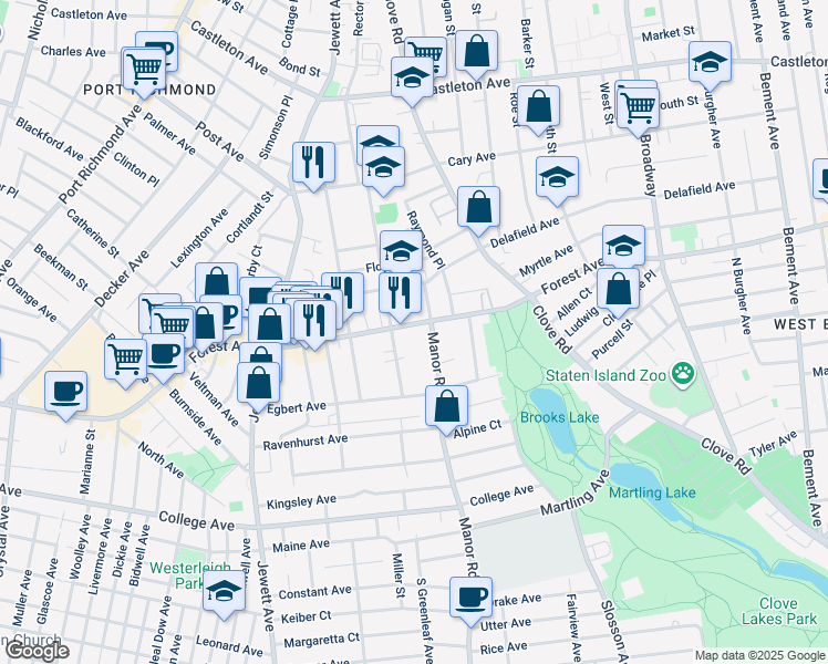 map of restaurants, bars, coffee shops, grocery stores, and more near 30 Manor Road in Staten Island