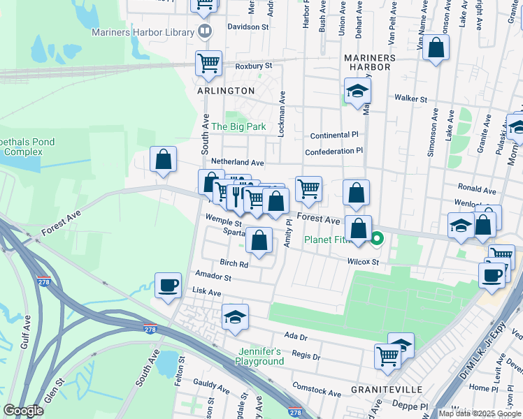 map of restaurants, bars, coffee shops, grocery stores, and more near 2211 Forest Avenue in Staten Island