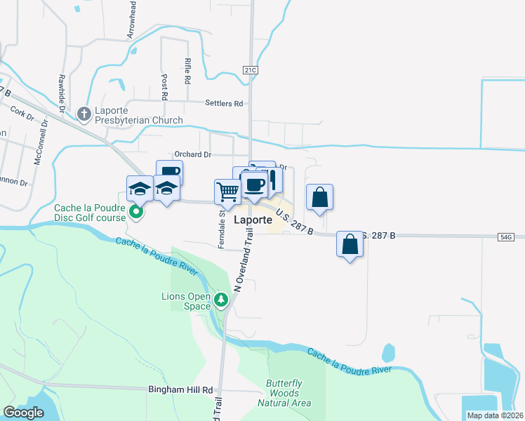 map of restaurants, bars, coffee shops, grocery stores, and more near 2804 Gardner Place in Laporte