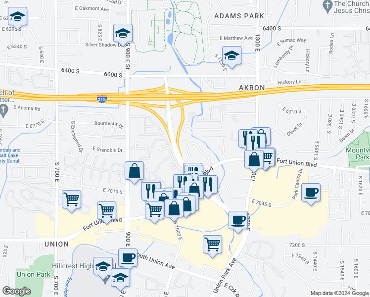 map of restaurants, bars, coffee shops, grocery stores, and more near 6818 Countrywoods Circle in Midvale