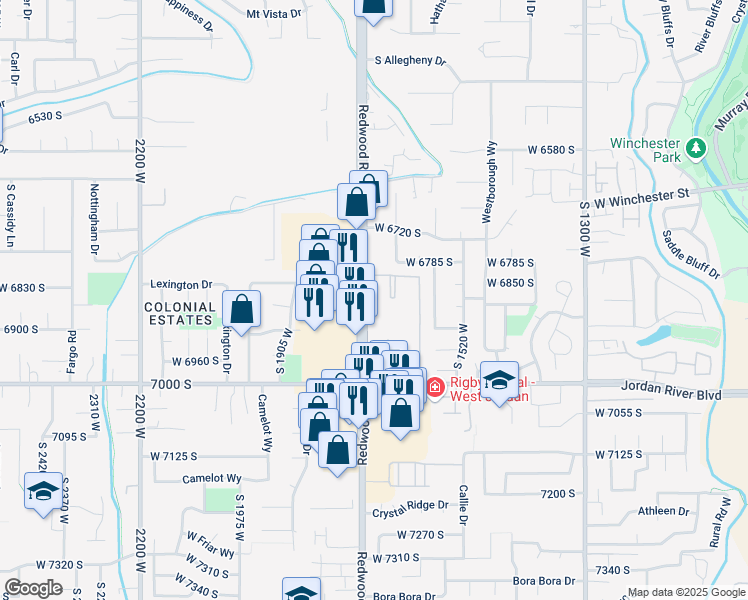 map of restaurants, bars, coffee shops, grocery stores, and more near 6828 South Redwood Road in West Jordan
