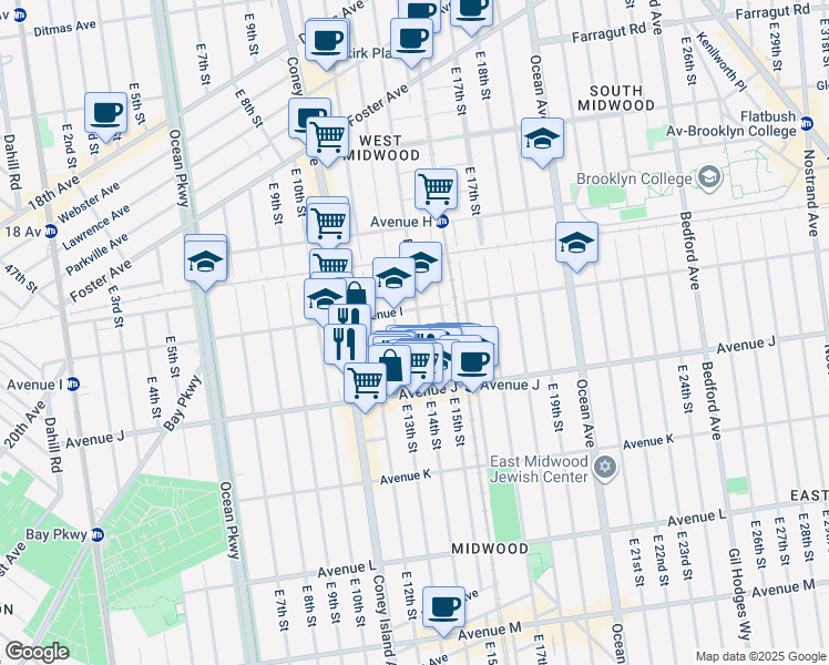 map of restaurants, bars, coffee shops, grocery stores, and more near 1307 Avenue I in Brooklyn
