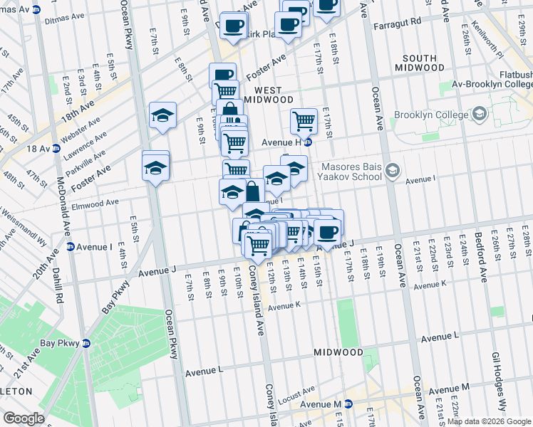 map of restaurants, bars, coffee shops, grocery stores, and more near 1109 Avenue I in Brooklyn