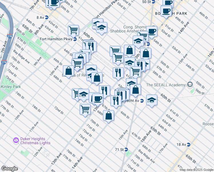 map of restaurants, bars, coffee shops, grocery stores, and more near 1261 63rd Street in Brooklyn