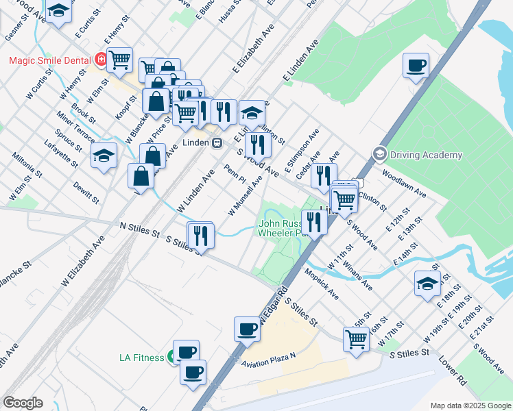 map of restaurants, bars, coffee shops, grocery stores, and more near 31 West Munsell Avenue in Linden