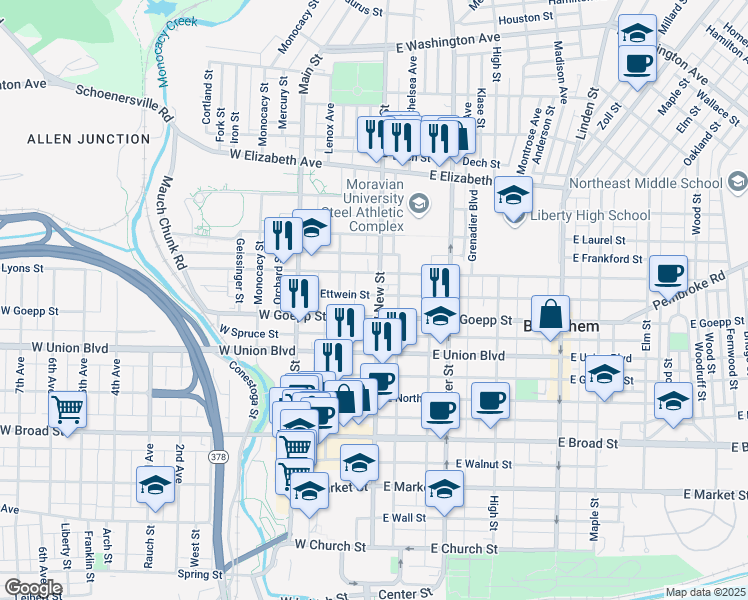 map of restaurants, bars, coffee shops, grocery stores, and more near 940 North New Street in Bethlehem