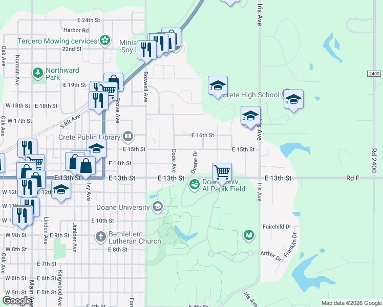 map of restaurants, bars, coffee shops, grocery stores, and more near 1220 East 15th Street in Crete