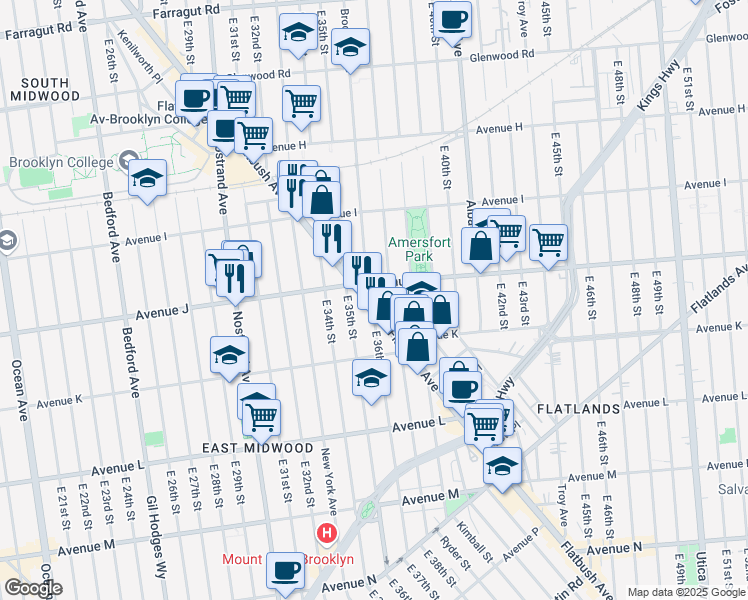 map of restaurants, bars, coffee shops, grocery stores, and more near 3611 Avenue J in Brooklyn