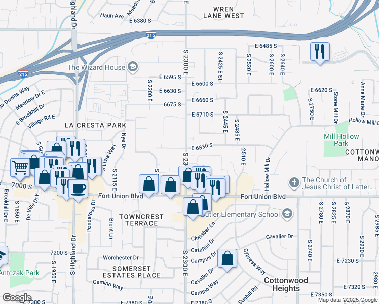 map of restaurants, bars, coffee shops, grocery stores, and more near 6851 South 2300 East in Salt Lake City