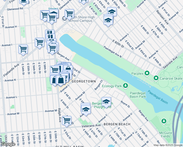 map of restaurants, bars, coffee shops, grocery stores, and more near 1260 Bergen Avenue in Brooklyn