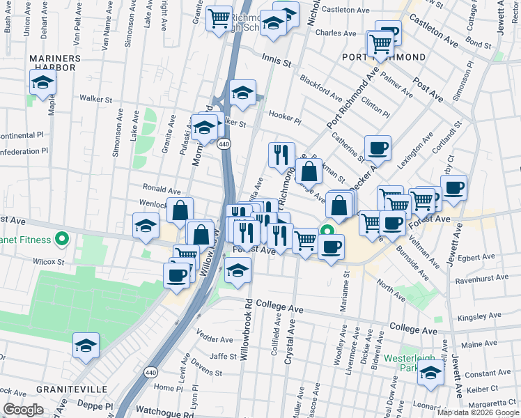map of restaurants, bars, coffee shops, grocery stores, and more near 29 Dixon Avenue in Staten Island