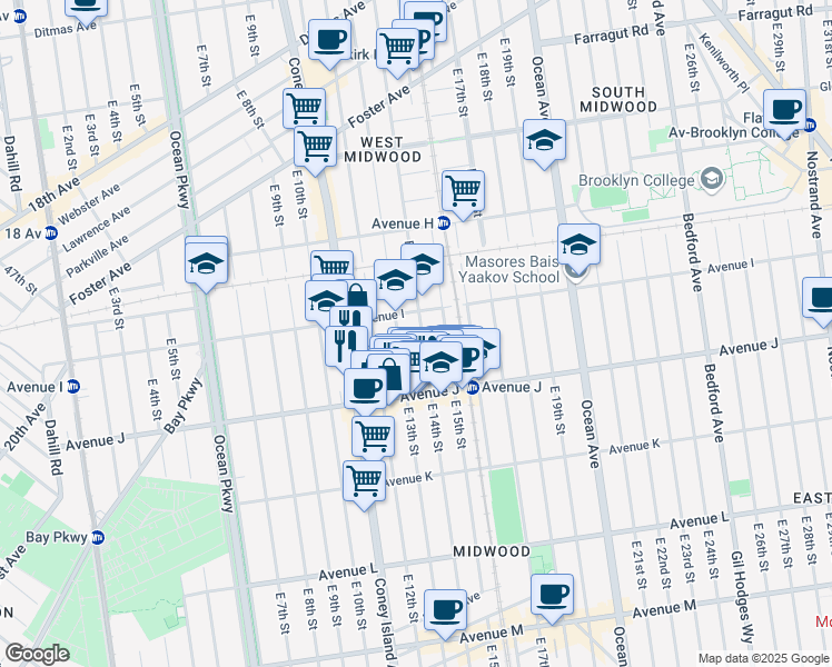 map of restaurants, bars, coffee shops, grocery stores, and more near 918 East 14th Street in Brooklyn