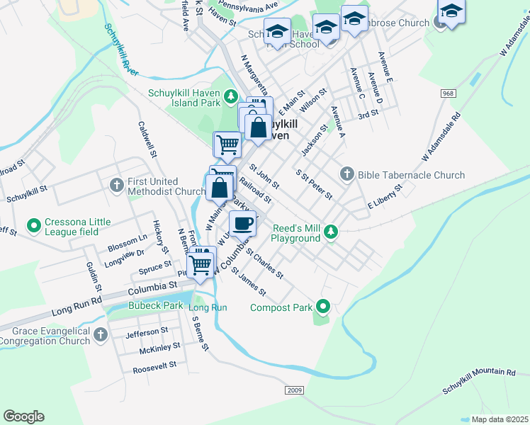 map of restaurants, bars, coffee shops, grocery stores, and more near 123 Parkway in Schuylkill Haven