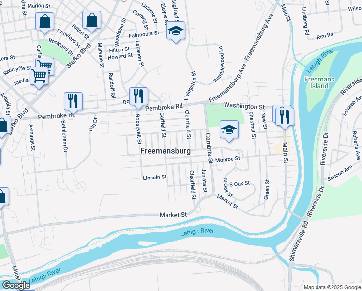 map of restaurants, bars, coffee shops, grocery stores, and more near 343 Somerset Street in Freemansburg