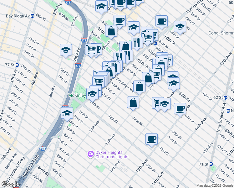 map of restaurants, bars, coffee shops, grocery stores, and more near 7022 10th Avenue in Brooklyn