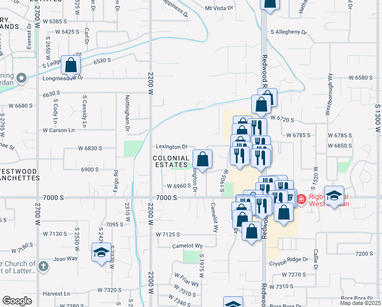 map of restaurants, bars, coffee shops, grocery stores, and more near 6838 South Lexington Drive in West Jordan