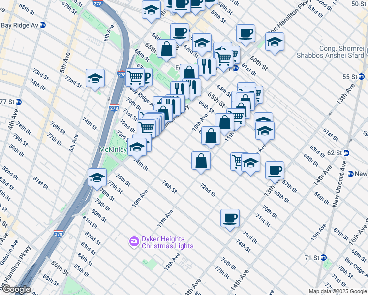 map of restaurants, bars, coffee shops, grocery stores, and more near 7005 10th Avenue in Brooklyn