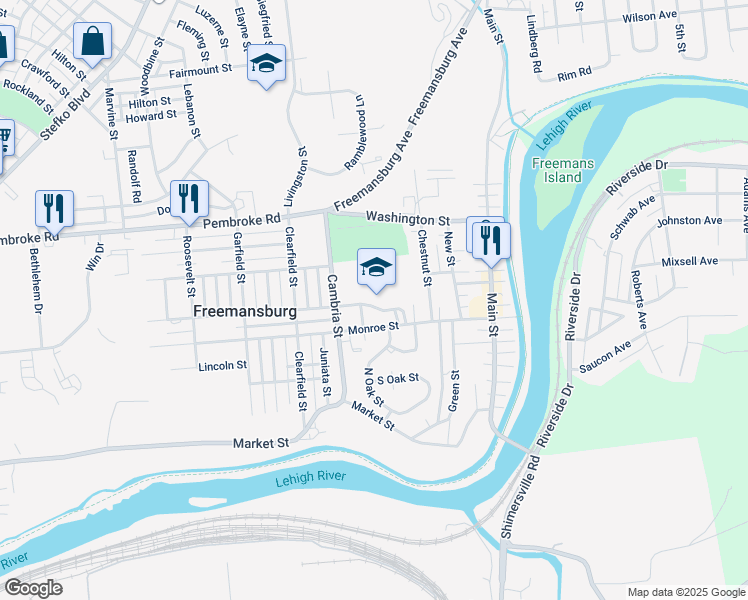 map of restaurants, bars, coffee shops, grocery stores, and more near 501 Monroe Street in Freemansburg