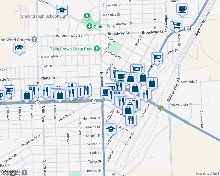 map of restaurants, bars, coffee shops, grocery stores, and more near 519 Chestnut Street in Sterling