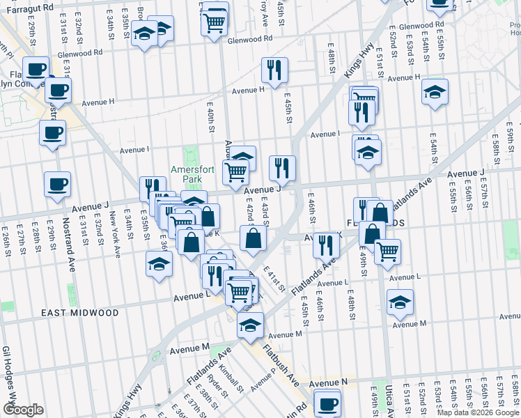 map of restaurants, bars, coffee shops, grocery stores, and more near 4212 Avenue J in Brooklyn